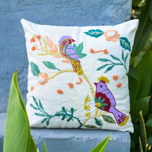 Handwoven Birdsong Bloom Cushion Cover
