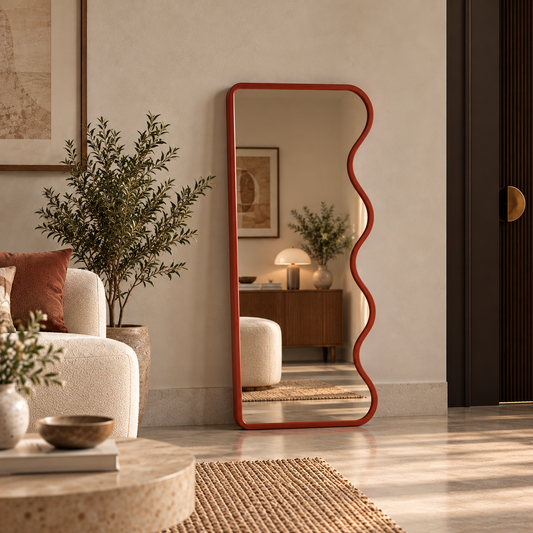Right Wave Asymmetrical Full Length Wood Mirror Wall Decor