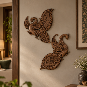 Nritya Mayura Carved Peacock Wood Wall Decor ( SET OF 2 )