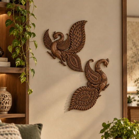 Nritya Mayura Carved Peacock Wood Wall Decor ( SET OF 2 )