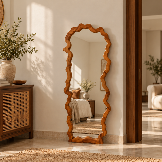 Wavy Teak Wood Full Length Mirror