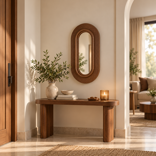 Ribbed Wooden Oval Wall Mirror