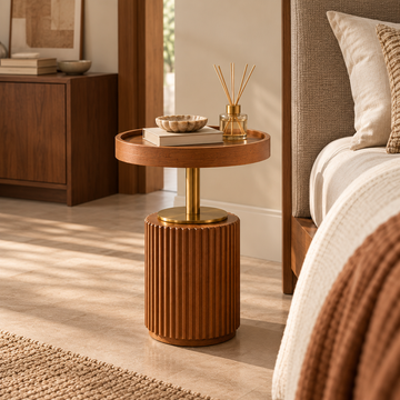Premium fluted Gold Pedestal Wooden Side Table