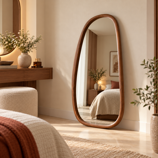Premium Organic Shape Wooden Frame Full Length Floor Mirror