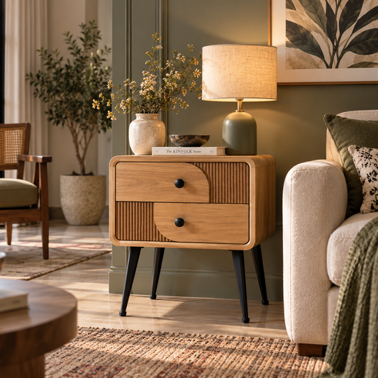 Nivra Handmade Wood Bedside Table with Drawer