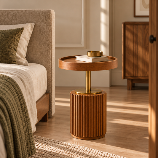 Premium fluted Gold Pedestal Wooden Side Table