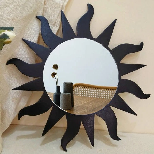 Solar Radiance Wavy Sun Celestial Mirror Wood Wall Decor