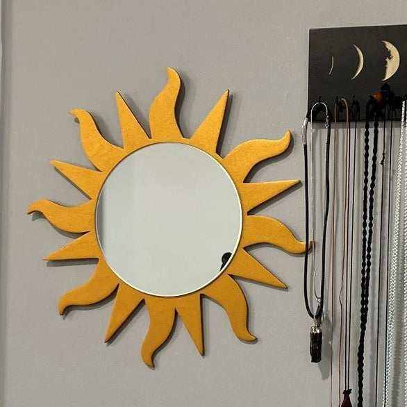 Solar Radiance Wavy Sun Celestial Mirror Wood Wall Decor