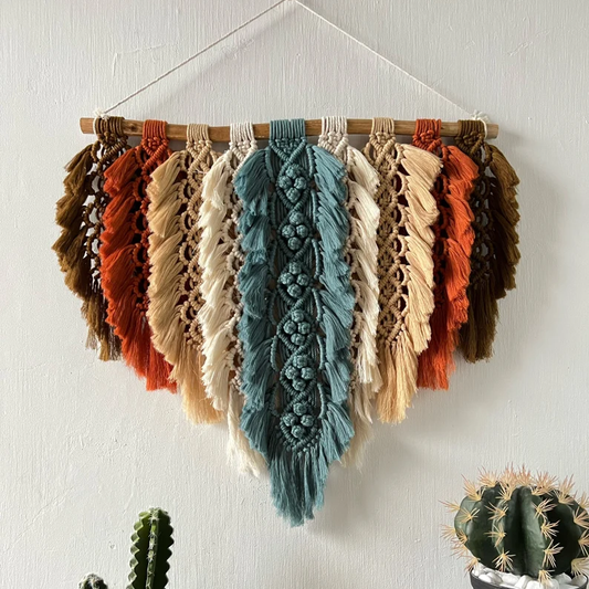 Artisanal Rustic Leaves & Macrame Feather Wall Decor