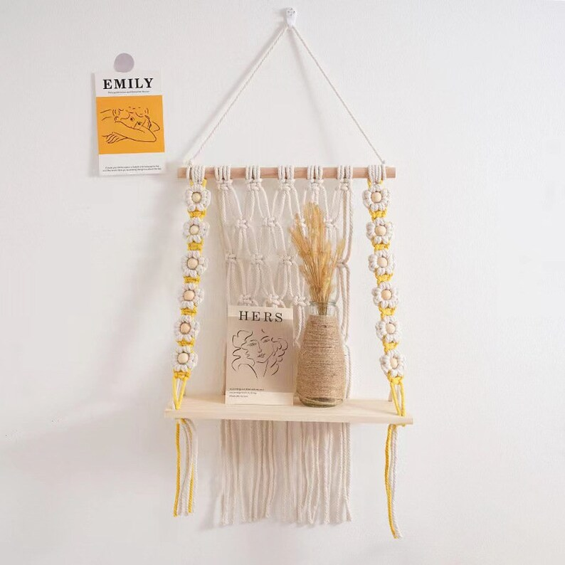 Petite Macrame Shelf With Floral Elegance Wall Hanging