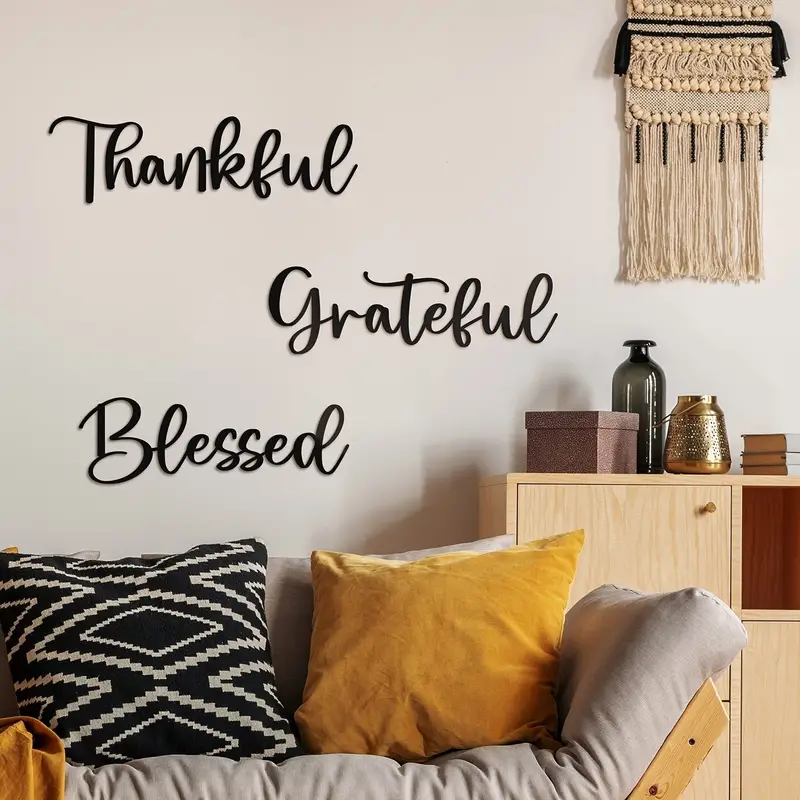 Black Thankful Grateful Blessed Sign Wood Hanging