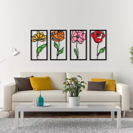 Flowers Colorful Set Of 4 Panel Wood Wall Decor