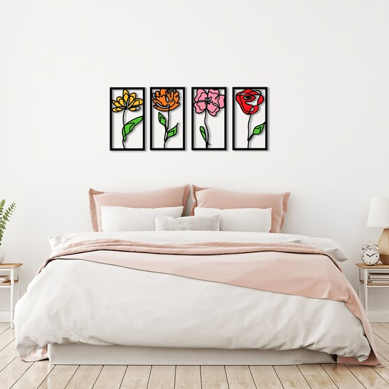 Flowers Colorful Set Of 4 Panel Wood Wall Decor