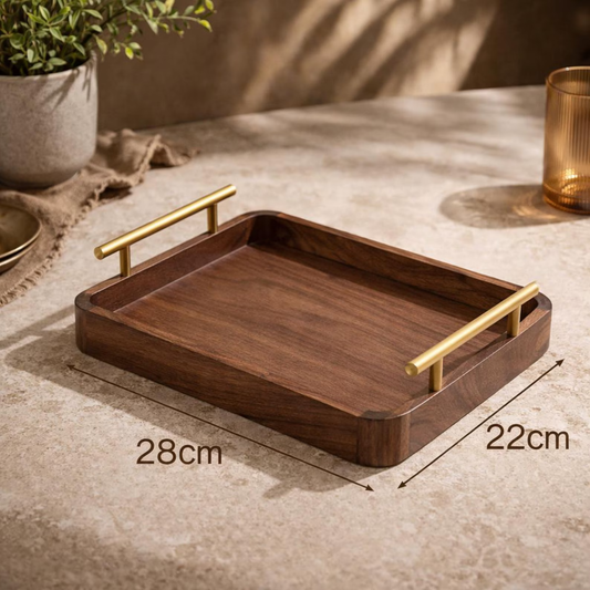 Wood Serving Tray With Gold Metal Handles