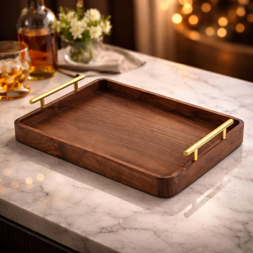 Wood Serving Tray With Gold Metal Handles