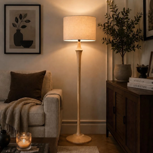Handmade Solid Wood Floor Lamp with Fabric Shade