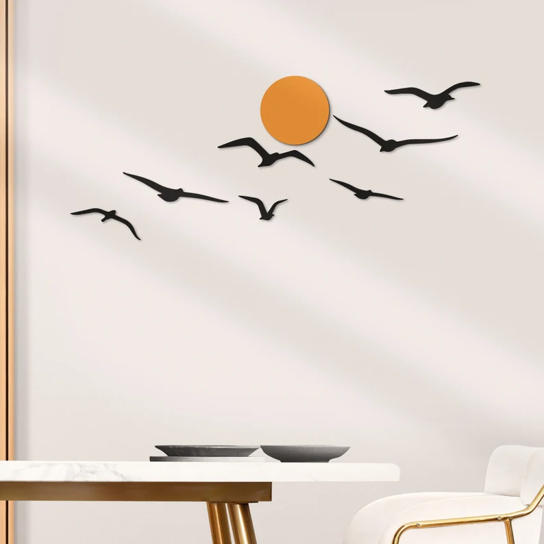 Set of 7 Wooden Flock Flying Bird Sun Wood Wall Decor