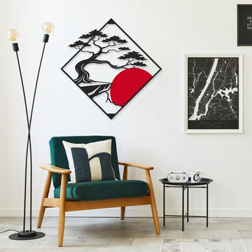 Bonsai Tree With Red Sun Wood Wall Decor