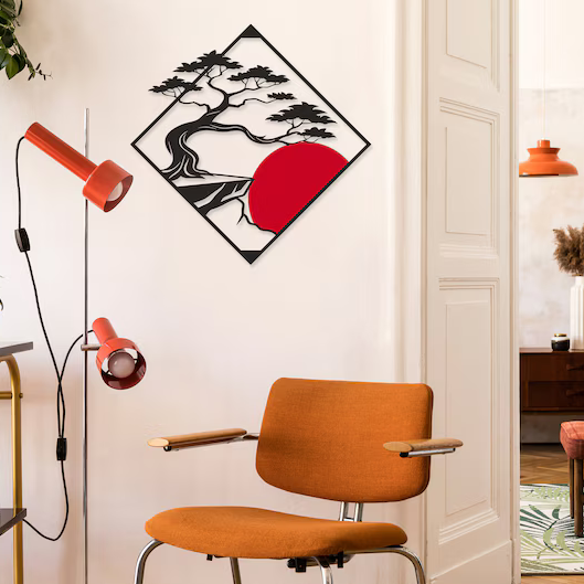 Bonsai Tree With Red Sun Wood Wall Decor