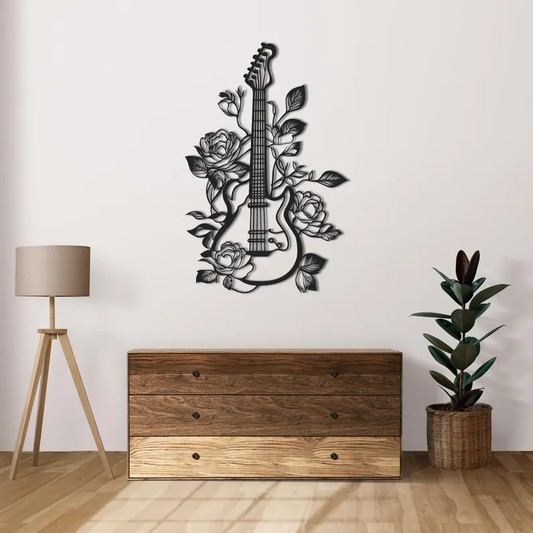 Electric Guitar With Roses Wood Wall Decor