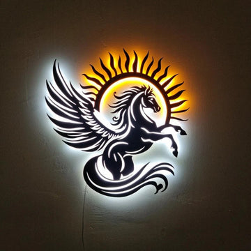 LED Sunrise Winged Flying Horse Wood Wall Decor