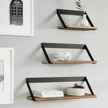Floating Black Steel Wooden Shelf (SET OF 3 )