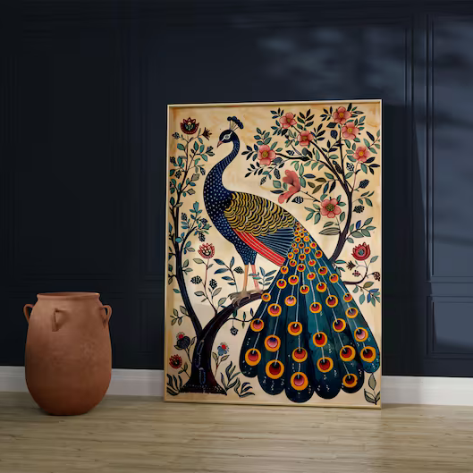 Regal Peacock Madhubani Wall Painting