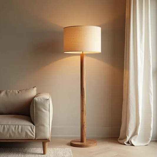 Natural Wood Floor Lamp with Beige Fabric Shade