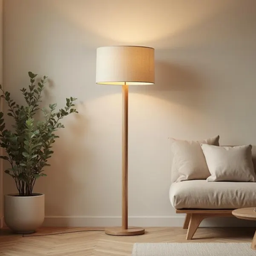 Natural Wood Floor Lamp with Beige Fabric Shade